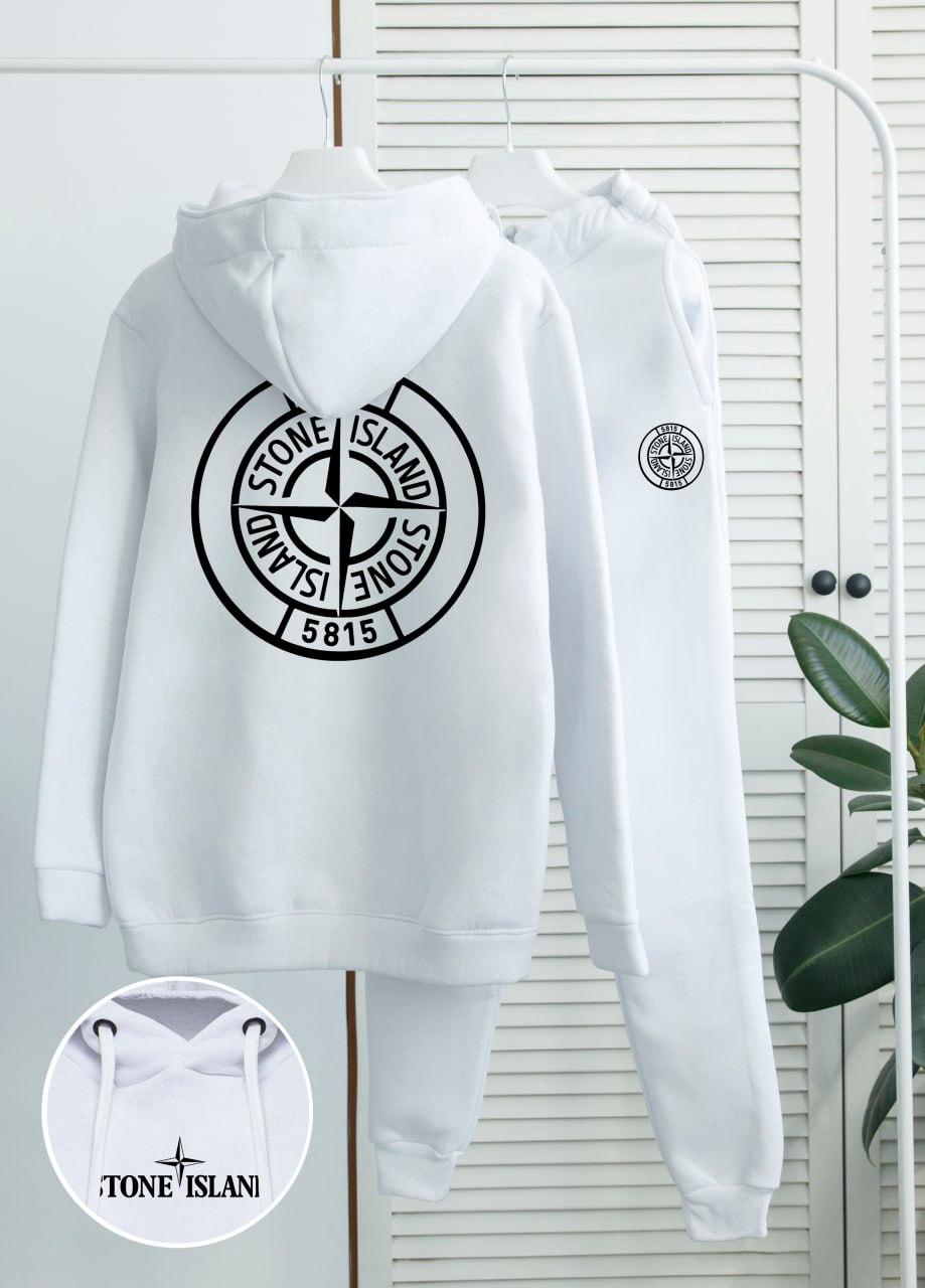 Теплий спортивний костюм чоловічий stone island fleece зимовий на флісі білий худі штани стоун айленд зима з начосом