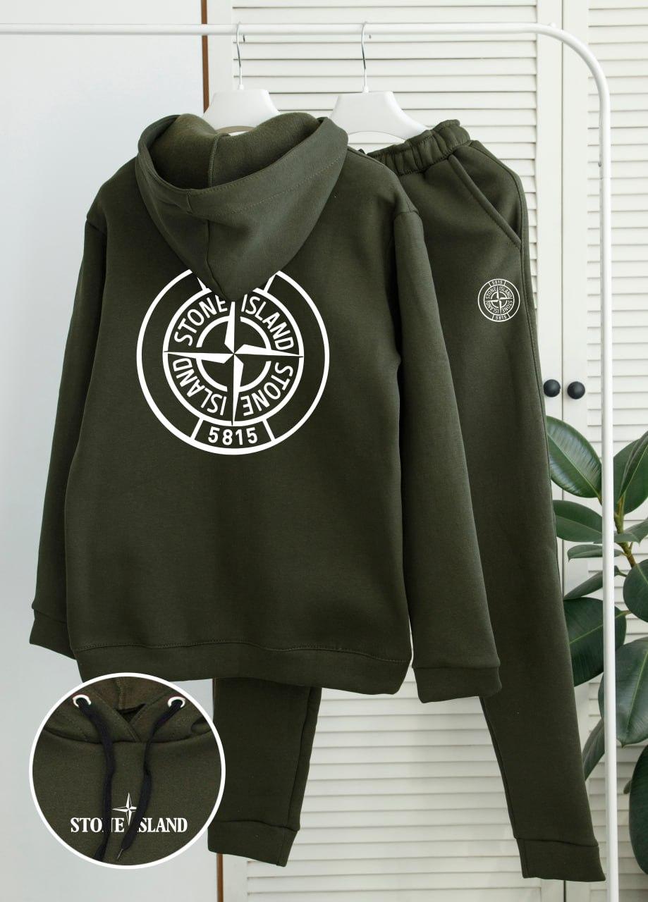 Теплий спортивний костюм чоловічий stone island fleece зимовий на флісі хакі худі штани стоун айленд зима з начосом