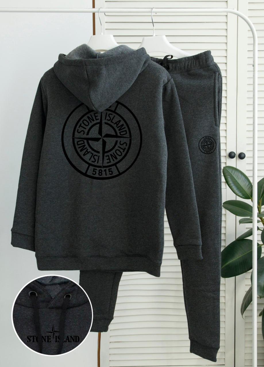 Теплий спортивний костюм чоловічий stone island fleece зимовий на флісі графіт худі штани стоун айленд зима з начосом