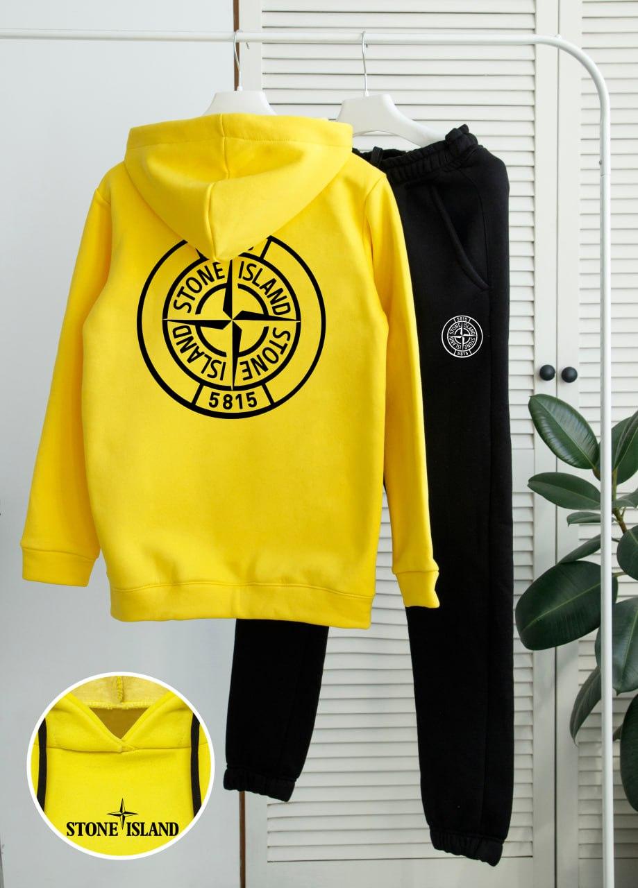 Теплий спортивний костюм чоловічий stone island fleece зимовий на флісі жовтий худі штани стоун айленд зима з начосом