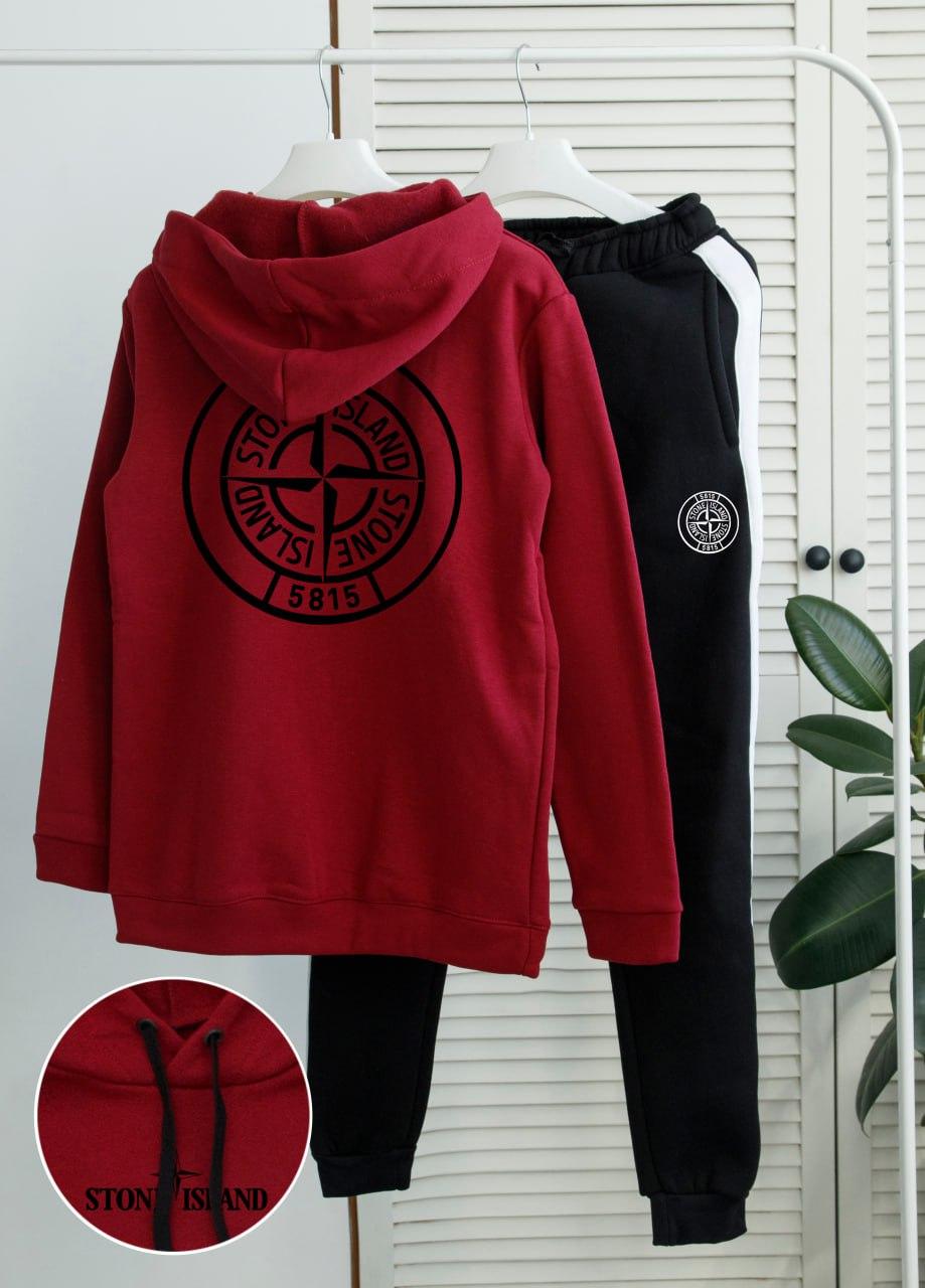 Теплий спортивний костюм чоловічий stone island fleece зимовий на флісі бордовий худі штани стоун айленд зима з начосом