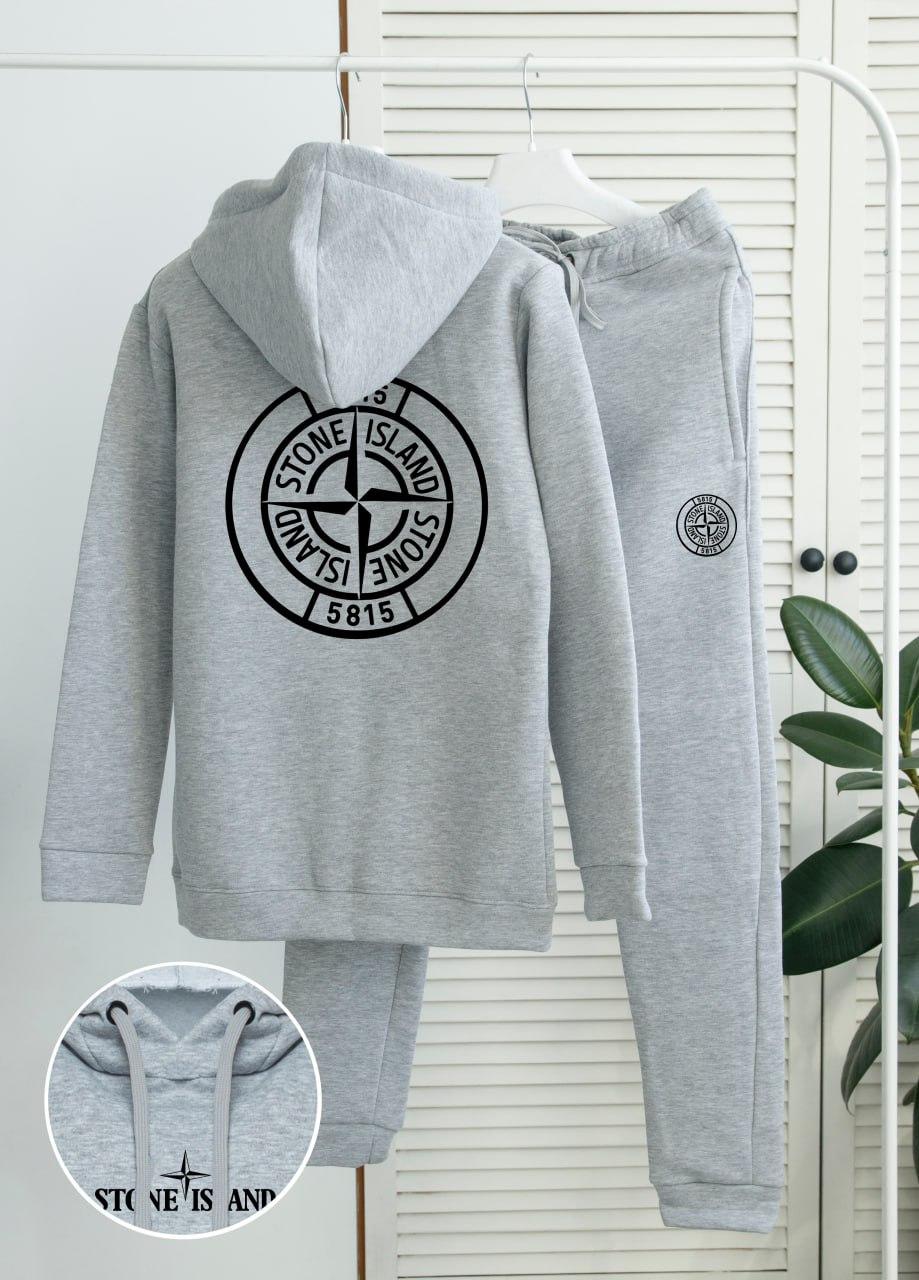 Теплий спортивний костюм чоловічий stone island fleece зимовий на флісі сірий худі штани стоун айленд зима з начосом