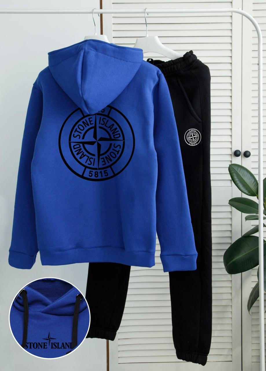 Теплий спортивний костюм чоловічий stone island fleece зимовий на флісі синій худі штани стоун айленд зима з начосом