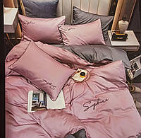 Сатиновое постельное белье полуторка HOME TEXTILE розовый с серым