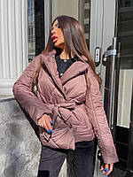 Жіноча демісезонна стьобана куртка на кнопках з поясом Kvs07