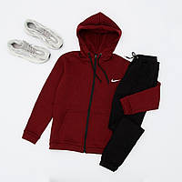 Теплый спортивный костюм мужской Nike Zip Winter зимний бордовый Кофта с капюшоном + Штаны с начесом Найк