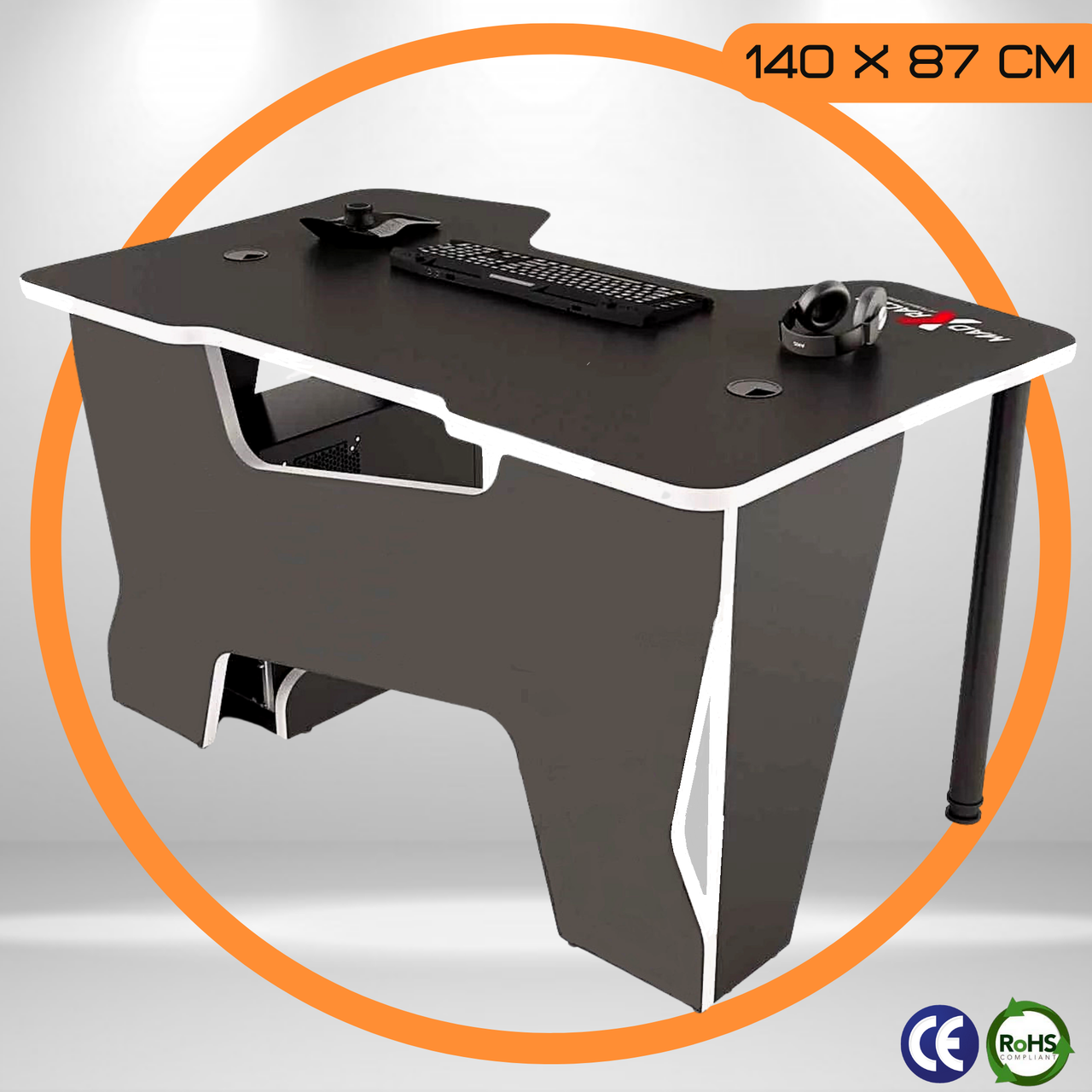 Геймерський Стіл для Комп'ютера 140 x 87 x 75 см з Вирізом Чорний  Ігровий Стіл для Геймера Madxracer Comfort GT14 з підставкою