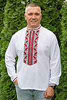 Біла лляна чоловіча вишиванка з червоним візерунком, сорочка українська з довгим рукавом
