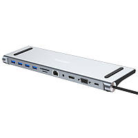 USB Хаб 11 в 1 Type-C to USB-C PD 100W + USB2.0*3 + USB3.0 + HDMI + VGA + Jack3.5 + SD/TF + RJ45 TRY сірий