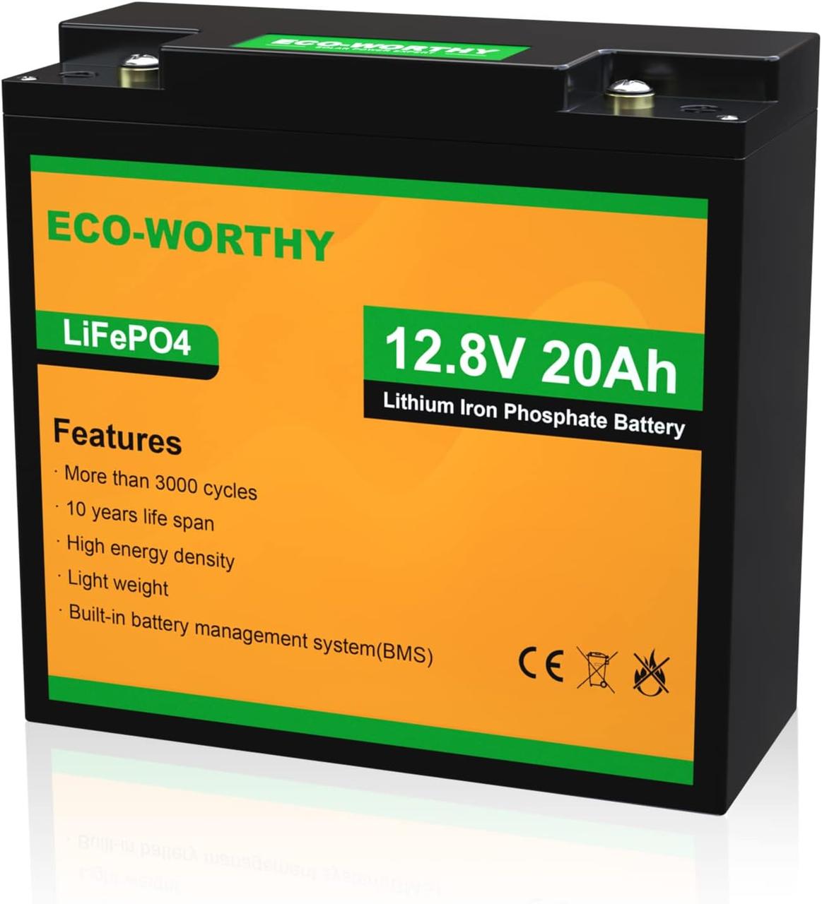 Аккумулятор Eco Worthy LiFePO4 12V 20Ah (256Wh), 3000+ циклов - фото 1 - id-p1782042713