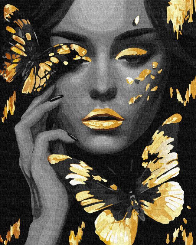 Картина за номерами Ідейка Дівчина із золотими метеликами з фарбами металік extra ©art_selena_ua (KH8307) 40 х 50 см