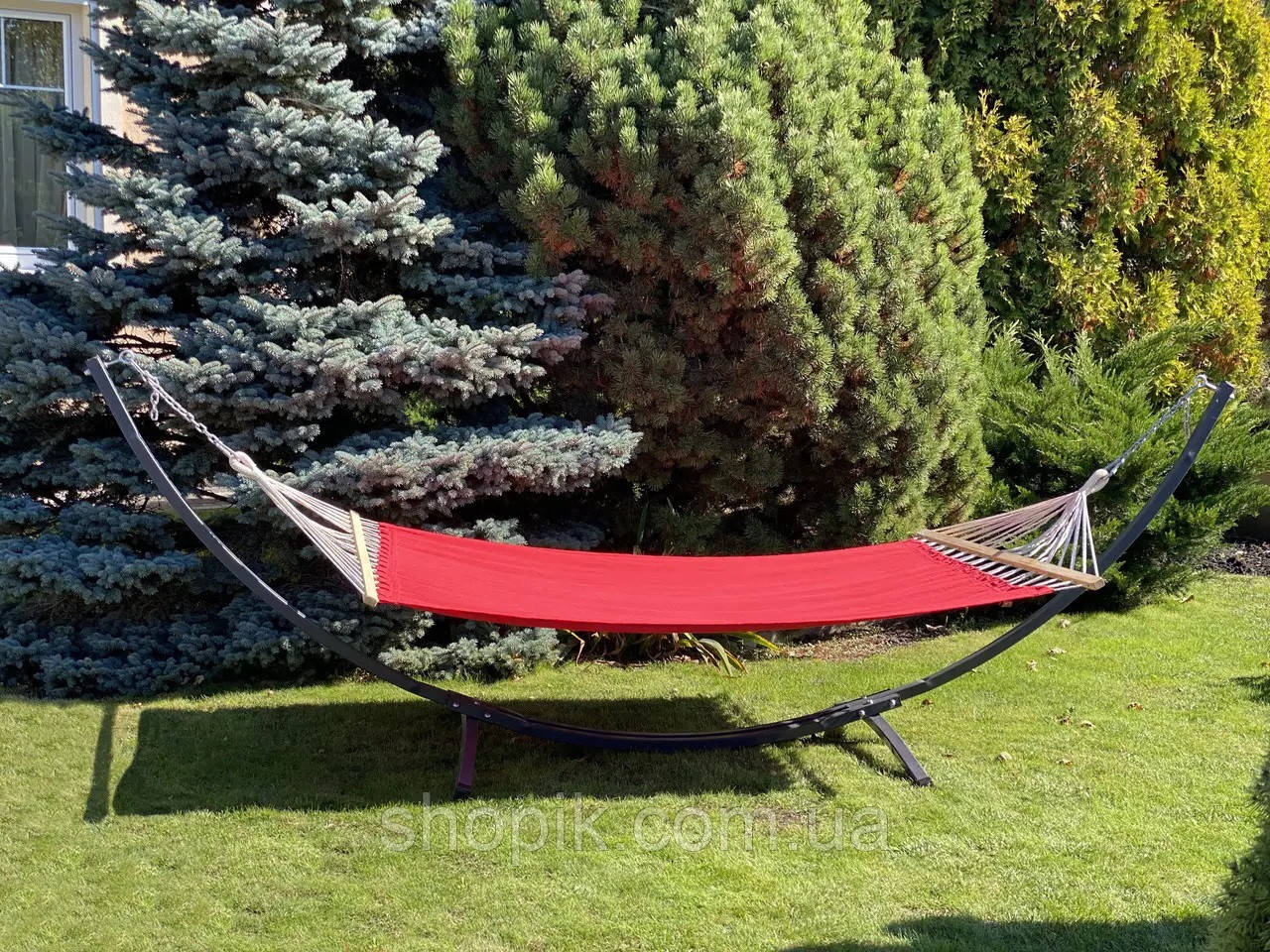 Монотонний тканинний гамак з планкою WISH червоний двомісний XXL 200х150 WCG Shopik