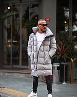 Зимняя мужская куртка без капюшона серая, молодежный стеганый пуховик удлиненный с карманами Коса