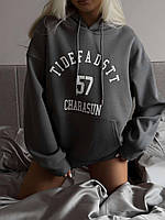 Базовый теплый женский объемный худи оверсайз с надписью толстовка турецкая трехнить на флисе с капюшоном OS