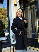 Женское базовое кашемировое демисезонное пальто с качественной подкладкой с поясом однотонное миди OS 46/50, Черный