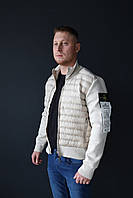 Тканевый мужской бомбер бежевый Stone Island, теплая кофта с патчем Стон Айленд, демисезонная куртка молочная