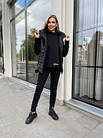 Спортивный женский теплый костюм на флисе тройка штаны кофта жилет прогулочный костюмчик OS 46/48, Черный