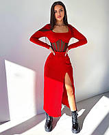 Стильное приталенное женское платье миди с корсетными элементами мустанг рубчик с разрезом на ноге OS 46/48, Красный
