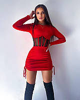Стильное приталенное женское платье с корсетными элементами мустанг рубчик с завязками с по бокам OS 42/44, Красный