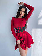 Стильное приталенное женское платье с корсетными элементами мустанг рубчик с пышной юбкой OS 46/48, Красный