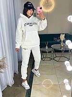 Женский теплый прогулочный костюм с надписью худи и штаны джоггеры спортивный костюм трехнитка на флисе OS 42/44, Белый