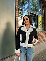 Модная дубленка барашек с мехом короткая женская базовая теплая укороченная куртка замша OS 46, Черный