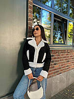 Модная дубленка барашек с мехом короткая женская базовая теплая укороченная куртка замша OS 48, Черный