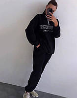 Женский теплый флисовый с вышивкой прогулочный костюм худи и штаны джоггеры спортивный костюм OS 46/48, Черный