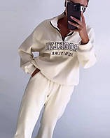 Женский теплый флисовый с вышивкой прогулочный костюм худи и штаны джоггеры спортивный костюм OS 42/44, Молочный