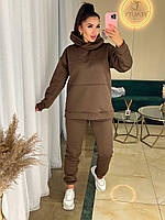 Женский базовый теплый прогулочный костюм худи и штаны джоггеры спортивный костюм трехнитка на флисе OS 46/48, Шоколад
