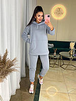 Женский базовый теплый прогулочный костюм худи и штаны джоггеры спортивный костюм трехнитка на флисе OS 50/52, Серый