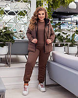 Спортивный базовый женский прогулочный теплый костюм на флисе тройка штаны кофта жилетка батал OS 48/50, Шоколад