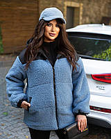 Уютная трендовая мягкая женская курточка Тедди комбинированная меховая куртка на молнии барашек батал OS 50/52, Джинс