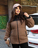 Уютная трендовая мягкая женская курточка Тедди комбинированная меховая куртка на молнии барашек батал OS 50/52, Мокко