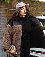 Уютная трендовая мягкая женская курточка Тедди комбинированная меховая куртка на молнии барашек батал OS 54/56, Мокко