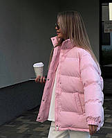 Осенняя теплая женская куртка оверсайз Модная стильная теплая куртка на змейке и кнопках синтепон 200 OS 42/46, Розовый