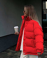 Осенняя теплая женская куртка оверсайз Модная стильная теплая куртка на змейке и кнопках синтепон 200 OS 42/46, Красный