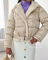 Осенняя теплая женская куртка оверсайз Модная стильная теплая куртка на молнии синтепон 200 мех OS 42, Бежевый