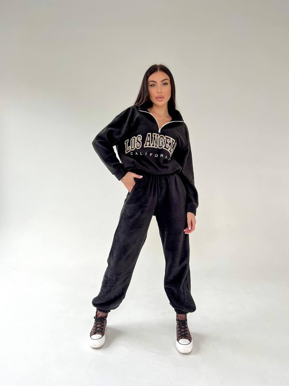 Жіночий теплий м'який фліс костюм LA з блискавкою прогулянковий батнік і штани спортивний костюм двосторонній фліс OS, фото 1