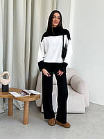 Женский базовый прогулочный костюм теплый турецкая двухсторонняя Ангора люкс двойка кофта и широкие штаны OS 48/52, Черный
