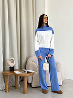 Женский базовый прогулочный костюм теплый турецкая двухсторонняя Ангора люкс двойка кофта и широкие штаны OS 48/52, Синий