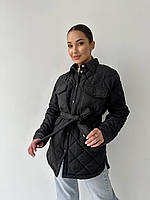 Женская теплая базовая куртка рубашка стежка с затяжкой на поясе стеганная демисезонная курточка с поясом OS