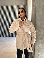 Женская теплая базовая куртка рубашка стежка с затяжкой на поясе стеганная демисезонная курточка с поясом OS 42/44, Миндаль
