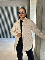 Жіноча тепла базова куртка сорочка стібка із затяжкою на поясі стьобана курточка демісезонна з поясом OS 46/48, Мигдаль