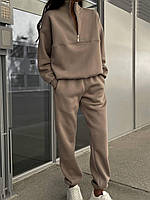 Женский теплый удобный прогулочный костюм батник и штаны джоггеры спортивный костюм трехнитка на флисе OS 44, Бежевый