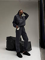 Женский теплый удобный прогулочный костюм батник и штаны джоггеры спортивный костюм трехнитка на флисе OS 48, Графит