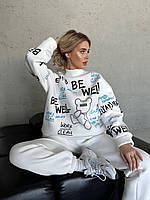 Женский теплый прогулочный костюм свитшот и штаны джоггеры спортивный костюм трехнить пенье на флисе Турция OS 46/48, Молочный