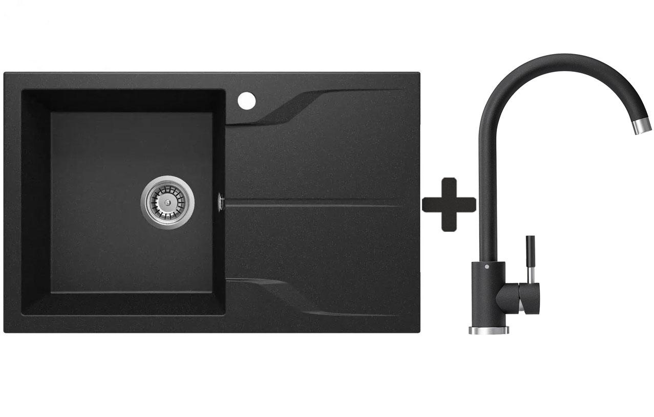 Комплект: мийка гранітна ADAMANTA Чорний + Кран, фото 1