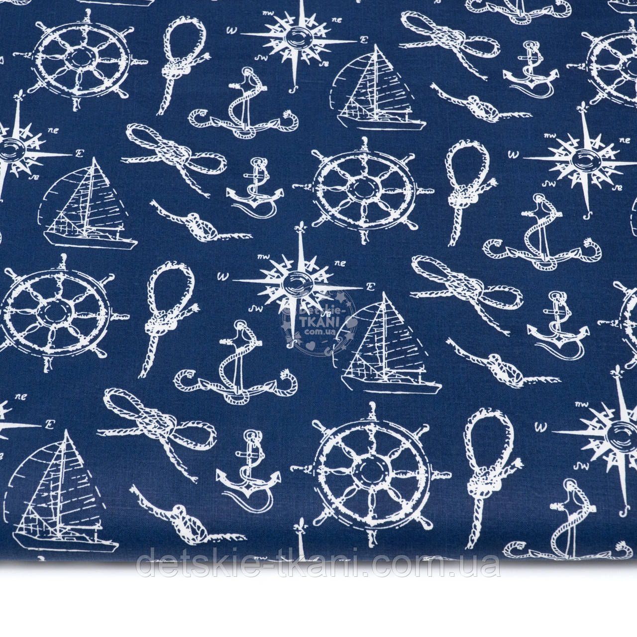 Бязь "Білі морські вузли на синьому тлі" №3791, фото 1