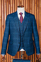Мужской темно синий классический костюм в клетку пиджак с брюками и жилет